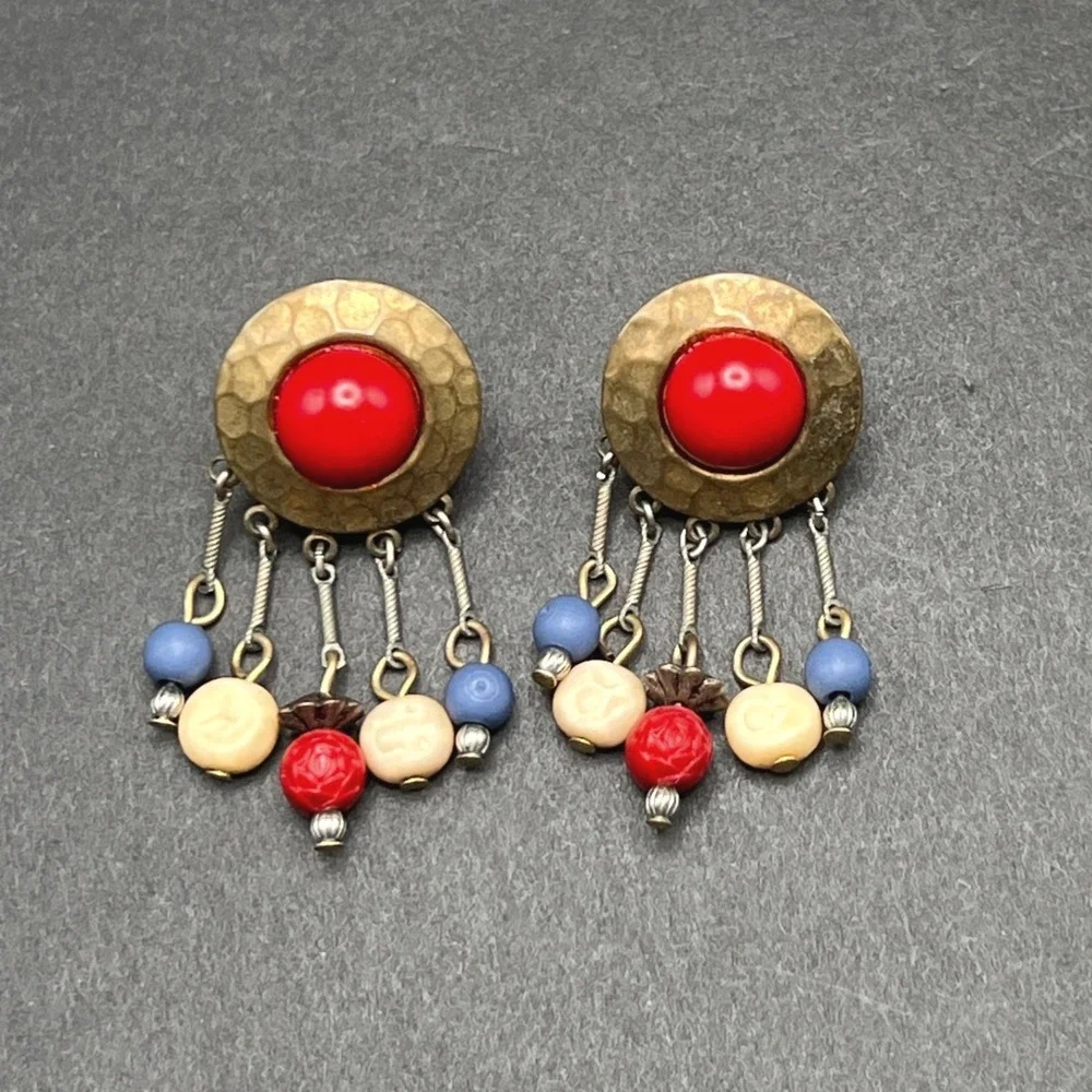 Vintage Boho Earrings Earrings Hammered Brass Red Blue White Beaded